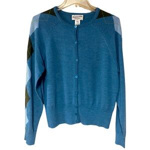 Vintage Pendleton Argyle Blue Brown Wool  Button Cardigan Sweater 80s Sz M